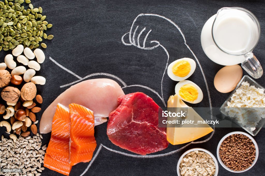 Composition with high protein food. High protein food for body builders as meat, fish, dairy, eggs, buckwheat, oatmeal, nuts, bean, pumpkin seed and sunflower seed. Top view. Protein Stock Photo
