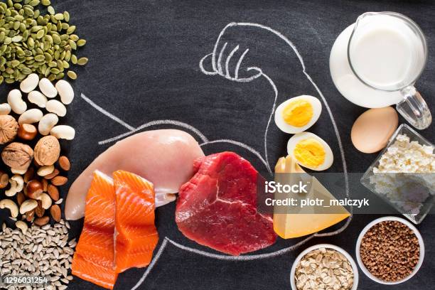 Composition With High Protein Food Stock Photo - Download Image Now - Protein, Healthy Eating, Food