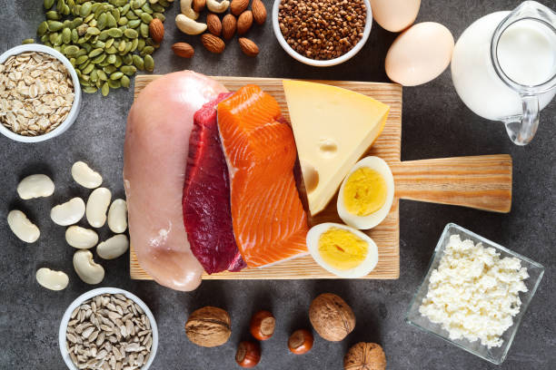 Composition with high protein food High protein food as meat, fish, dairy, eggs, buckwheat, oatmeal, nuts, bean, pumpkin seed and sunflower seed. Top view. protein stock pictures, royalty-free photos & images