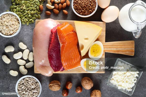 Composition With High Protein Food Stock Photo - Download Image Now - Protein, Meal, Food