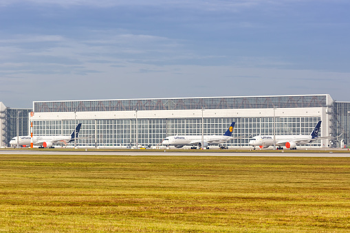 Munich, Germany - October 21, 2020: Stored Lufthansa Airbus A350 airplanes at Munich Airport (MUC) in Germany.