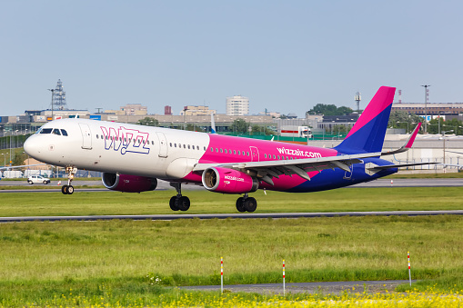 Warsaw, Poland - May 26, 2019: Wizzair Airbus A321 airplane at Warsaw Warszawa Airport (WAW) in Poland. Airbus is a European aircraft manufacturer based in Toulouse, France.