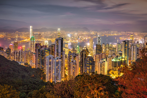 Hong Kong skyline from Victoria peak at night, China