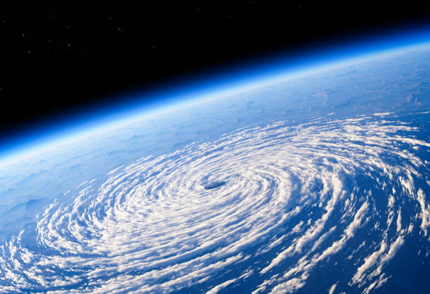 Satellite view of the eye of the storm, tropical storm. Formation of hurricanes. Atmospheric pressure. Earth, globe Satellite view of the eye of the storm, tropical storm. Formation of hurricanes. Atmospheric pressure. Meteorology. Climate change and global warming. Destructive air vortex. 3d render. Typhoon typhoon satellite stock pictures, royalty-free photos & images