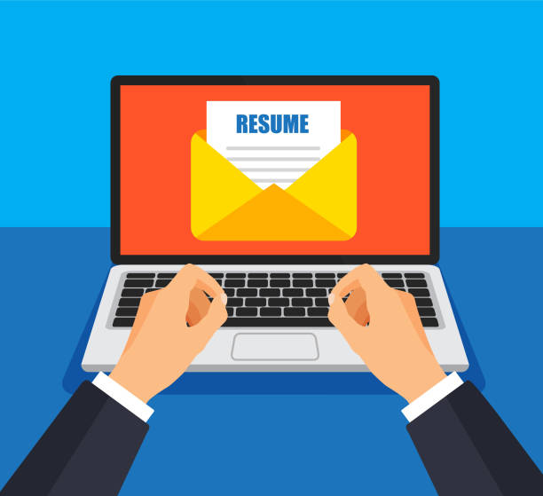 Businessman send resume file on e-mail. Businessman send resume file on e-mail. Envelope and document on a screen. Getting or send new mail. Vector illustration. writing email stock illustrations