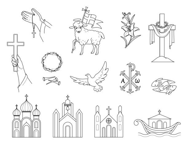 Religious Christian signs and symbols. Vector Religious Christian signs and symbols. Set icons crown of thorns, Church, flying pigeon, fish and ship. Lamb is a symbol of Christ's sacrifice. Lilies and hands holding the cross. Isolation. Vector pics of a cross easter lilies stock illustrations