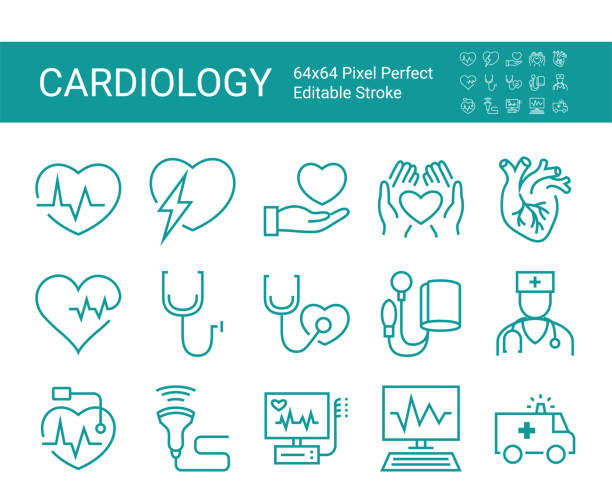 心臓病のアイコンのセット。ecg、医師、ペースメーカー、心拍、心臓アウトラインピクトグラムなどのベクターアイコン。編集可能なベクターストローク。64x64ピクセルパーフェクト。 - pulse trace taking pulse computer monitor healthcare and medicine点のイラスト素材／クリップアート素材／マンガ素材／アイコン素材