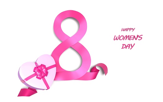 8 March International Women's Day celebration greeting card on white background with pink number 8 made from confetti and heart shape gift box. Easy to crop for all your social media and print sizes.