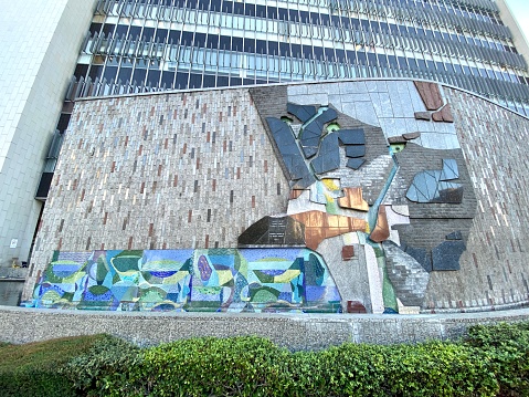 Los Angeles, CA, Sep 2020: topographical map of water sources in the County of Los Angeles, designed and executed as sculptural mural in downtown by Joseph Young