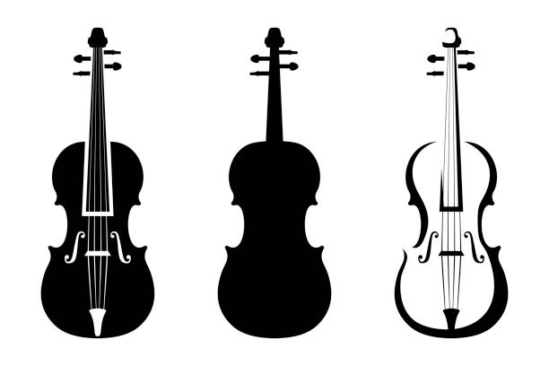 ilustraciones, imágenes clip art, dibujos animados e iconos de stock de conjunto de violines. siluetas vectoriales negras. - musical instrument string illustrations