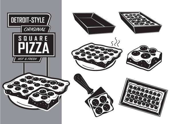 Vector illustration of Detroit-style original square pizza served hot and fresh. Retro style set. Includes retro sign, blue steel pan, pizzas on various angles, single slice of Detroit-style on spatula. High angle view of pizza. Black and white. Easy to edit vector eps illustration. Jpg included with download.