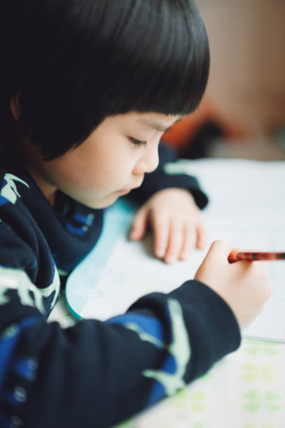 азиатский маленький мальчик делает свою домашнюю работу дома - reading and writing little boys reading asian ethnicity стоковые фото и изображения