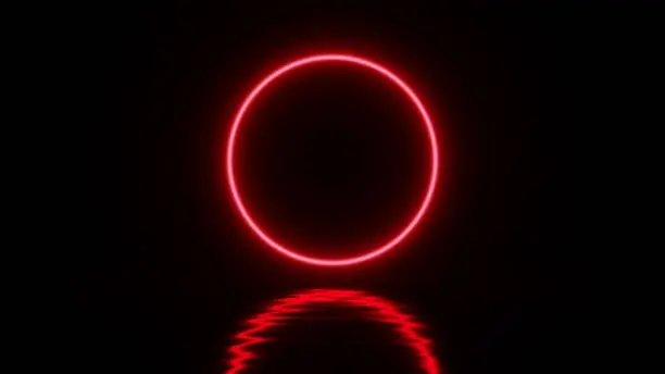 Photo of Glowing red neon light circle with distorted reflection on black background. Creative design concept. 3D rendered image.