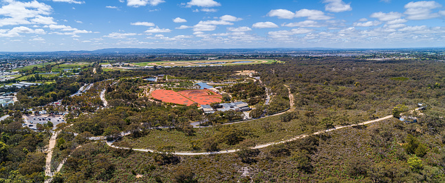 Aerial panorama of Royal Botanic Gardens in Cranbourne, Victoria, Australia on bright sunny day