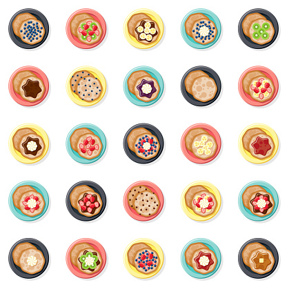 A set of pancakes with different toppings icons. File is built in the CMYK color space for optimal printing. Color swatches are global so it’s easy to edit and change the colors.