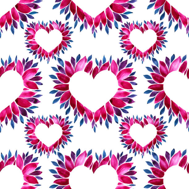 istock Seamless pattern watercolor pink, red, blue hearts with leaves on white. Brushstroke creative background for valentine's day, card 1296066136