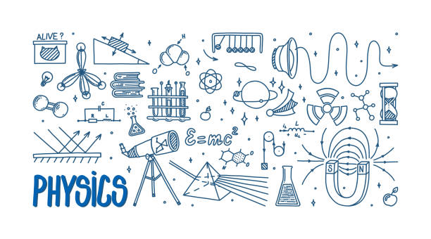 ilustrações de stock, clip art, desenhos animados e ícones de physics doodle with magnet, prism, telescope and atom. hand drawn science items. physics theory elements and formula equation isolated in white background. card with doodle vector illustration - algorithm formula mathematical symbol engineering