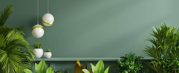 istock Interior wall mockup with green plant,Green wall and shelf. 1296071394