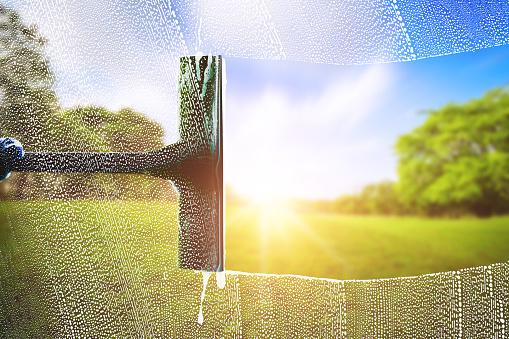 Window cleaner for washing a windows on green park background