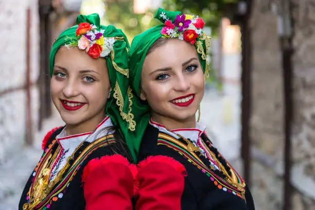 Teenagers dressed in Bulgarian folk costumes