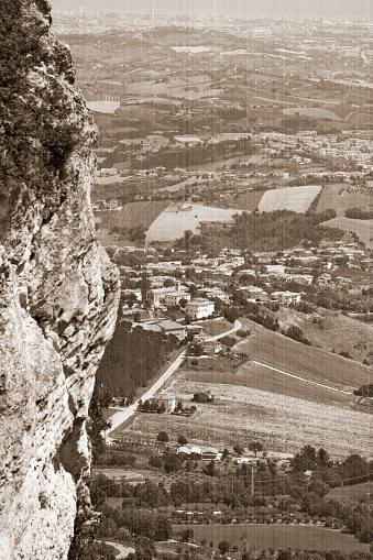 The present landscape of San - Marino, Italy, Europe. Old style. Sepia