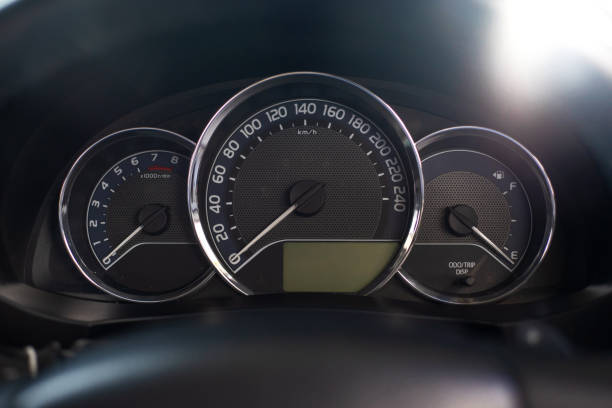 istock Close up speedometer in modern car, black color design 1296082040