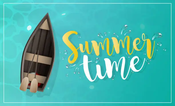 Vector illustration of Summer time banner. Wooden boat with oars. Turquoise water surface in the ocean. View from above. Vector.