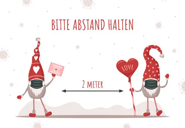 Vector illustration of Quote in german language Bitte Abstand halten for Valentines day. Cute gnomes wearing a protective face masks from coronavirus. Vector illustration in cartoon style. Design for poster, banner, flyer