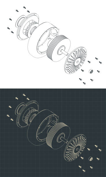 Disassembled Turbo pump isometric blueprints Stylized vector illustration of disassembled turbo pump isometric blueprints engine illustrations stock illustrations