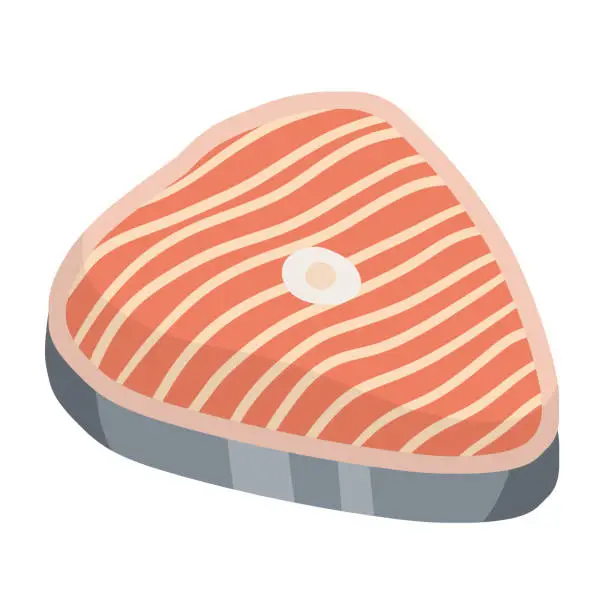 Vector illustration of Piece of red salmon fish meat with pink stripe. Raw Seafood.