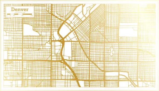 Vector illustration of Denver USA City Map in Retro Style in Golden Color. Outline Map.