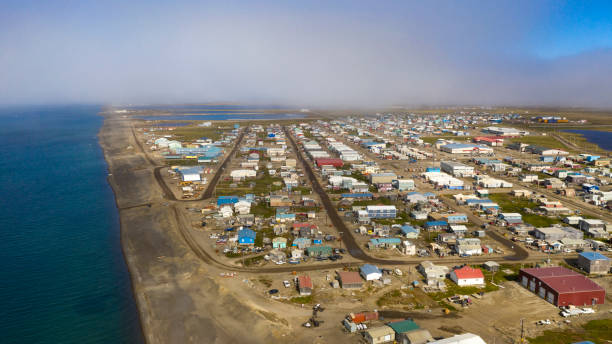 Aerial View Top of the World Whale Bone Arch Barrow Utqiagvik Alaska They changed the name from Barrow to Utqiagvik here we see the waterfront into the Beaufort Sea in the Arctic Ocean fishing village stock pictures, royalty-free photos & images
