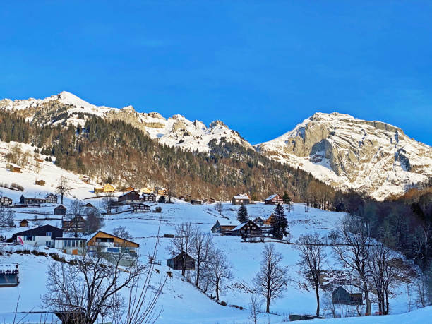 neve bianca innocentemente limpida sulle cime alpine schofwisspitz, schwarzchopf e stoss nella catena montuosa dell'alpstein e nel massiccio delle alpi di appenzello - canton san gallo, svizzera (schweiz) - european alps cold mountain range clear sky foto e immagini stock