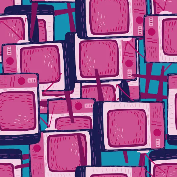 Vector illustration of Technologe abstract seamless pattern with random tv creative pink shapes. Blue background.