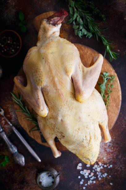 istock Raw fresh homemade indow duck on wooden board, selective focus 1296090225