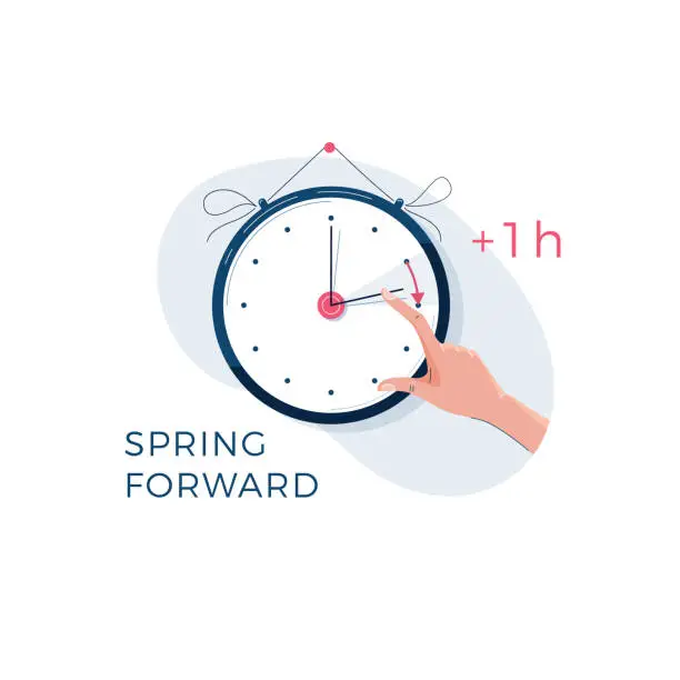 Vector illustration of Daylight saving time concept. Human hand is turning the clock hands forward by an hour. Changing the time on the watch to summertime . Modern flat vector illustration