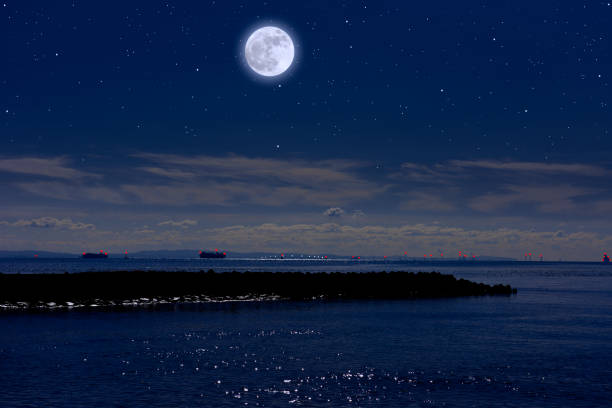 Full moon rising over the Tokyo bay area with copy space.
