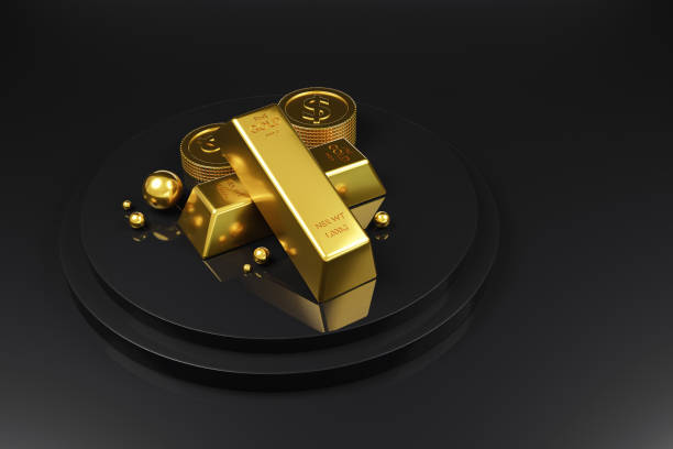istock Gold bar and money coins stack on podium in black background. 1296092189