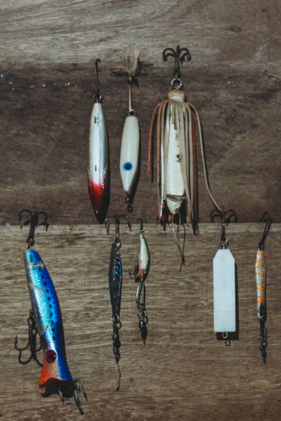 istock Fishing baits on the wooden background 1296094718