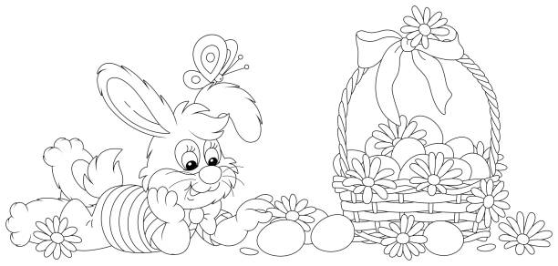 kleiner hase mit einem korb mit ostereiern - baumwollschwanzkaninchen stock-grafiken, -clipart, -cartoons und -symbole