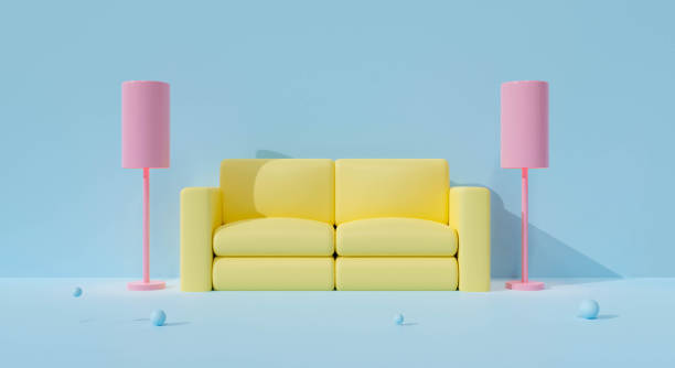 istock 3D blue sofa interior on pastel background abstract with floor lamp in studio living room home. 3D rendering front view for furniture, mockup design. Creative ideas minimal armchair yellow or couch. 1296095660