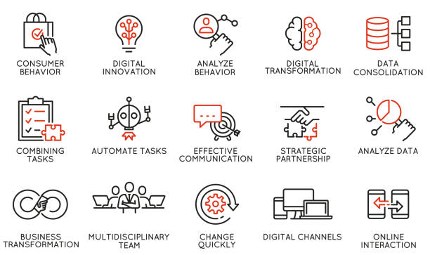 wektorowy zestaw liniowych ikon związanych z automatyzacją, wygodą zakupów produktów, transformacją biznesową i cyfrową. mono-piktogramy i elementy projektowe infografiki - innovation stock illustrations