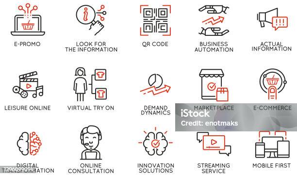 Vector Set Med Linjära Ikoner Relaterade Till Business Automation Bekvämlighet Av Inköpsprodukter Förändring I Efterfrågan Och Digital Omvandling Mono Line Pictograms Och Infographics Designelement-vektorgrafik och fler bilder på Ikon