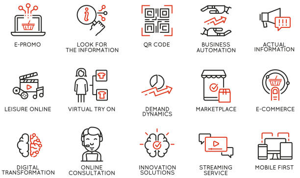 Vector Set of Linear Icons Related to Business Automation, Convenience of Purchasing Products, Change in Demand and Digital Transformation. Mono Line Pictograms and Infographics Design Elements Vector Set of Linear Icons Related to Business Automation, Convenience of Purchasing Products, Change in Demand and Digital Transformation. Mono Line Pictograms and Infographics Design Elements dx stock illustrations