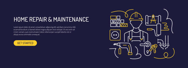ホーム修理とメンテナンス関連のwebバナーラインスタイル。webバナー、ウェブサイトヘッダなどのモダンデザインベクターイラスト - drill repairing installing home improvement点のイラスト素材／クリップアート素材／マンガ素材／アイコン素材