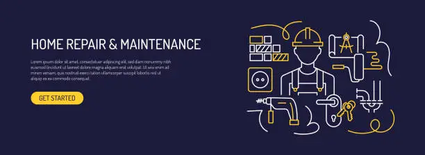 Vector illustration of Home Repair and Maintenance Related Web Banner Line Style. Modern Design Vector Illustration for Web Banner, Website Header etc.