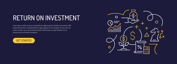 illustrazioni stock, clip art, cartoni animati e icone di tendenza di stile linea banner web relativo al ritorno sull'investimento. illustrazione vettoriale di design moderno per banner web, intestazione del sito web, ecc. - calculator currency organization leadership