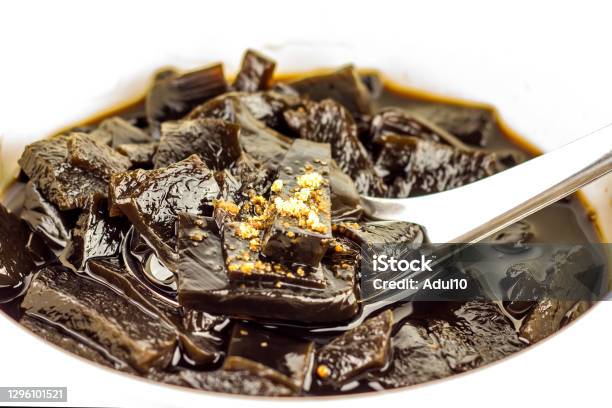 Grass Jelly Isolated On White Backgroundvegetable Jellythailand Foodblack Jelly Stock Photo - Download Image Now