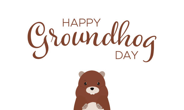 szczęśliwy groundhog day odręczny tekst z cute cartoon marmot - groundhog day stock illustrations