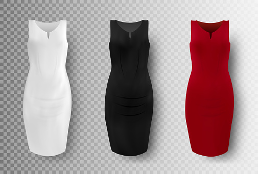 Black, white and red dress mockup set, vector illustration isolated on transparent background. Realistic elegant pencil dresses. Women apparel, ladies clothing and fashion.